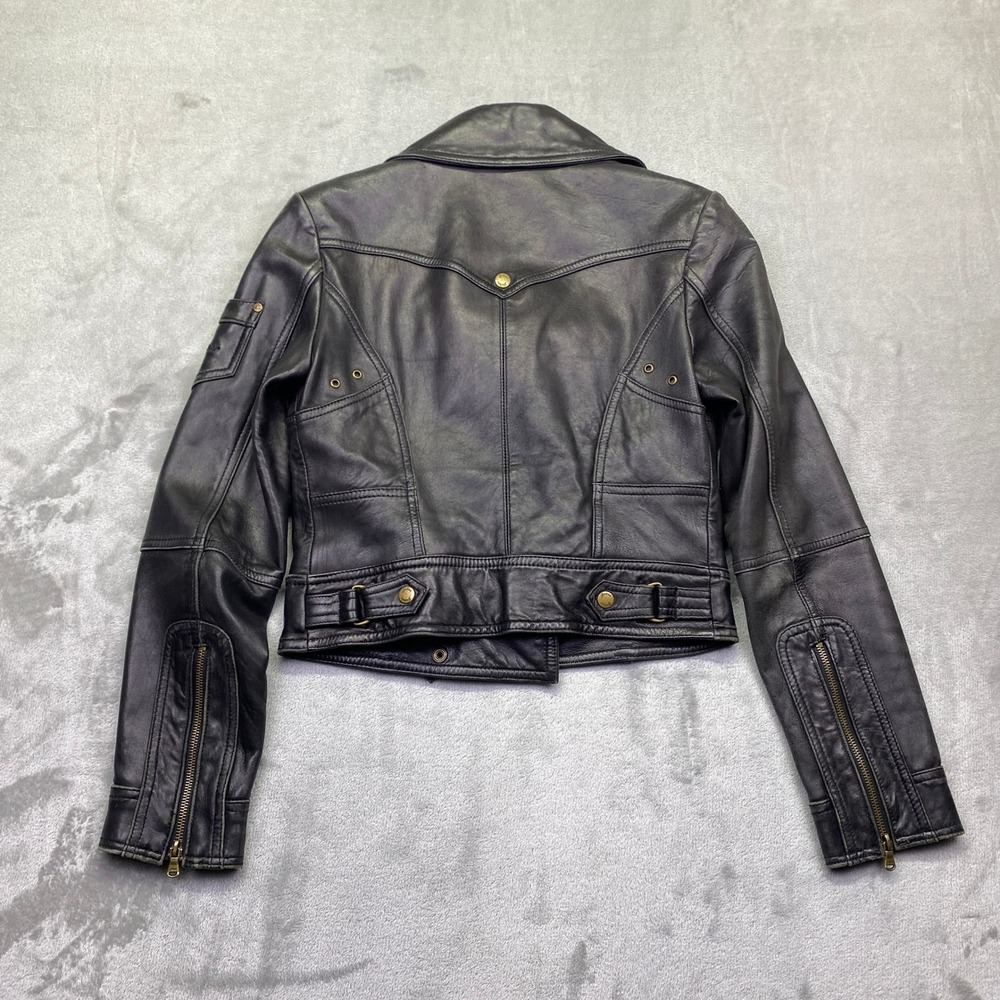 VTG Guess Womens Black Leather Moto Biker Jacket Asymmetrical Zip Brass Sz S/P - Picture 11 of 12